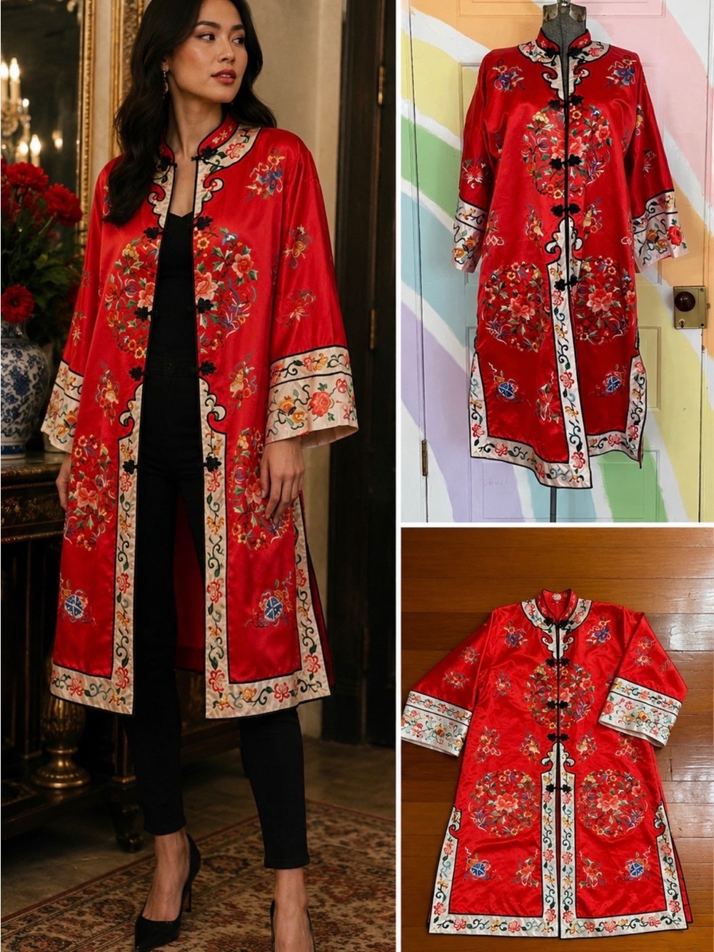 Vintage Esme Chinese Embroidered
Silk Blend Mandarin Robe Jacket Antique 💛🎀